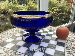 RARE Antique 8 X 5 Gilded Engraved BRISTOL COBALT BLUE Footed Fruit Punch Bowl