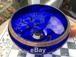 RARE Antique 8 X 5 Gilded Engraved BRISTOL COBALT BLUE Footed Fruit Punch Bowl