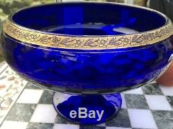RARE Antique 8 X 5 Gilded Engraved BRISTOL COBALT BLUE Footed Fruit Punch Bowl