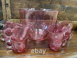 RARE Antique Cranberry Pink Punch Bowl Set