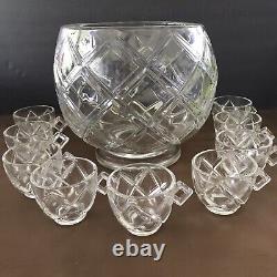 RARE COLONY Heavy Glass Crystal Punch Bowl MCM 9 Cups Deep Diamond Footed TAMPA