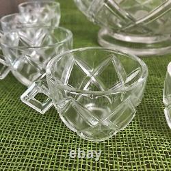RARE COLONY Heavy Glass Crystal Punch Bowl MCM 9 Cups Deep Diamond Footed TAMPA