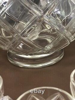 RARE COLONY Heavy Glass Crystal Punch Bowl MCM 9 Cups Deep Diamond Footed TAMPA