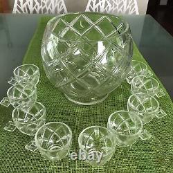 RARE COLONY Heavy Glass Crystal Punch Bowl MCM 9 Cups Deep Diamond Footed TAMPA