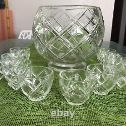 RARE COLONY Heavy Glass Crystal Punch Bowl MCM 9 Cups Deep Diamond Footed TAMPA