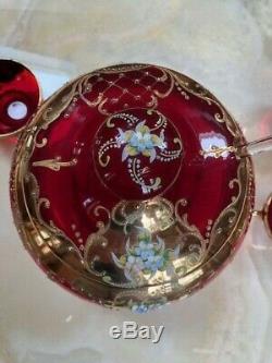 RARE COLOR Murano RED Glass Italian Punch Bowl Set Bowl Ladle 6 Cups LARGE ITALY