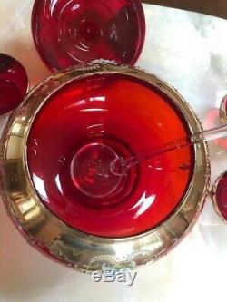 RARE COLOR Murano RED Glass Italian Punch Bowl Set Bowl Ladle 6 Cups LARGE ITALY