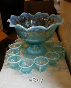 RARE Fenton 14 Pc Stiegel Blue Opalescent Paneled Grape Punch Bowl Set 1991