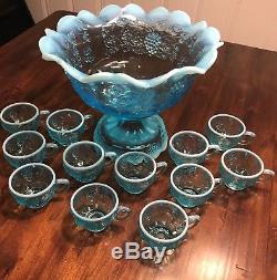 RARE Fenton 14 piece Stiegel Blue Opalescent Paneled Grape Punch Bowl Set