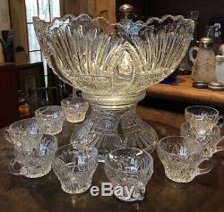 RARE Heisey PRINCE of WALES Plumes 14 Punch Bowl +10 cups + Pedestal EAPG