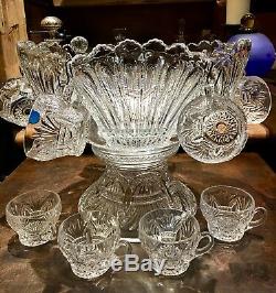 RARE Heisey PRINCE of WALES Plumes 14 Punch Bowl +10 cups + Pedestal EAPG