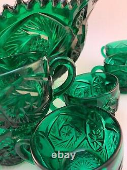 RARE Imperial Glass Ohio Emerald Green Whirling Star 24 Piece Punch Bowl Set