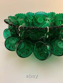 RARE Imperial Glass Ohio Emerald Green Whirling Star 24 Piece Punch Bowl Set