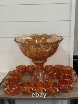 RARE Imperial Marigold Carnival Glass 19 Pc Punch Bowl Set Vintage Whirling Star