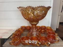 RARE Imperial Marigold Carnival Glass 19 Pc Punch Bowl Set Vintage Whirling Star