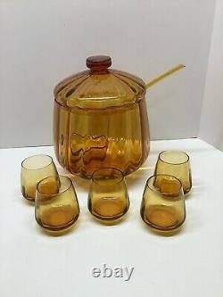 RARE Mid Century Modern Amber Glass lidded punch bowl withladle & 5 glasses