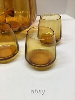 RARE Mid Century Modern Amber Glass lidded punch bowl withladle & 5 glasses