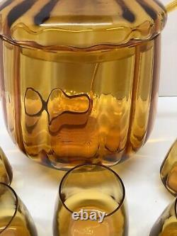 RARE Mid Century Modern Amber Glass lidded punch bowl withladle & 5 glasses