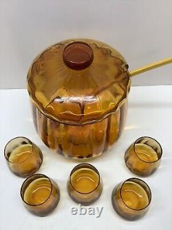 RARE Mid Century Modern Amber Glass lidded punch bowl withladle & 5 glasses