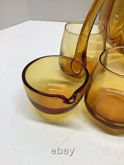 RARE Mid Century Modern Amber Glass lidded punch bowl withladle & 5 glasses