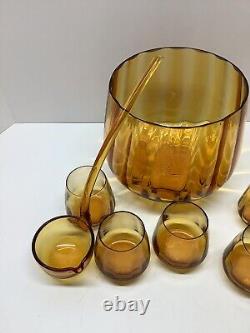 RARE Mid Century Modern Amber Glass lidded punch bowl withladle & 5 glasses