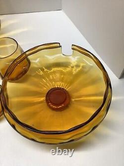 RARE Mid Century Modern Amber Glass lidded punch bowl withladle & 5 glasses