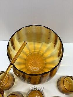 RARE Mid Century Modern Amber Glass lidded punch bowl withladle & 5 glasses