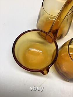 RARE Mid Century Modern Amber Glass lidded punch bowl withladle & 5 glasses