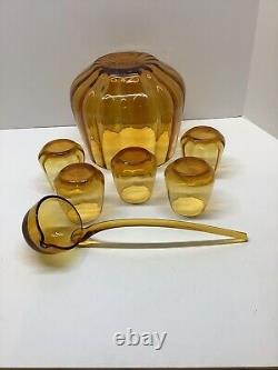 RARE Mid Century Modern Amber Glass lidded punch bowl withladle & 5 glasses