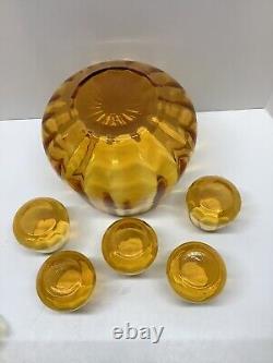 RARE Mid Century Modern Amber Glass lidded punch bowl withladle & 5 glasses