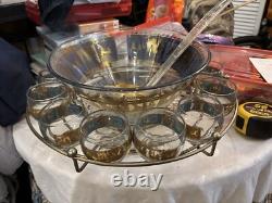 RARE Mid Century Vintage Culver Glass Punch Bowl Set With Stand