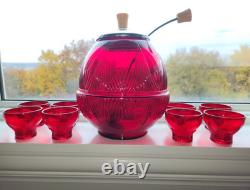 RARE New Martinsville Art Deco Ruby Top Prize Punch Bowl Set with 8 Cups Bakelite