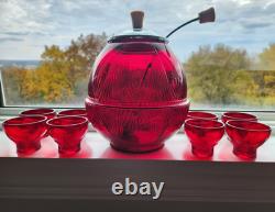 RARE New Martinsville Art Deco Ruby Top Prize Punch Bowl Set with 8 Cups Bakelite