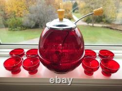 RARE New Martinsville Art Deco Ruby Top Prize Punch Bowl Set with 8 Cups Bakelite