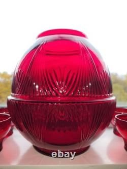 RARE New Martinsville Art Deco Ruby Top Prize Punch Bowl Set with 8 Cups Bakelite