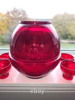 RARE New Martinsville Art Deco Ruby Top Prize Punch Bowl Set with 8 Cups Bakelite