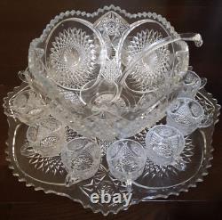 RARE U. S. Glass EAPG XL Punch Bowl 15pc Set c1900's USA