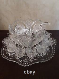 RARE U. S. Glass EAPG XL Punch Bowl 15pc Set c1900's USA