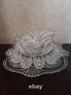 RARE U. S. Glass EAPG XL Punch Bowl 15pc Set c1900's USA