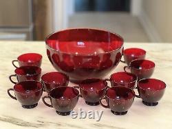 RARE VINTAGE Anchor Hocking Royal Ruby Flashed Red 10 Punch Bowl & 11 Cups