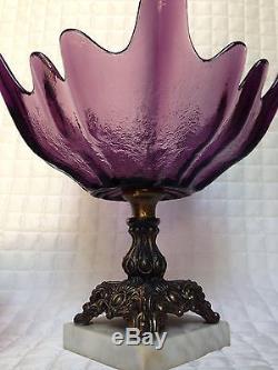 RARE Vintage Purple Hand Blown Compote/ Punch Bowl Brass Marble Pedestal-12 Cups