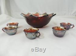 RARE Westmoreland AMETHYST Carnival Glass ORANGE PEEL Punch Bowl and 5 Cups
