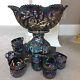 RARE Westmoreland Black Carnival Buzz Saw Punch Bowl + 12 Punch Cups