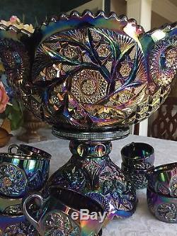 RARE Westmoreland Black Carnival Buzz Saw Punch Bowl + 12 Punch Cups