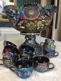 RARE Westmoreland Black Carnival Buzz Saw Punch Bowl, Pedestal + 12 Cups
