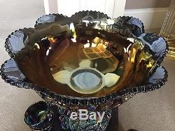 RARE Westmoreland Black Carnival Buzz Saw Punch Bowl, Pedestal + 12 Cups