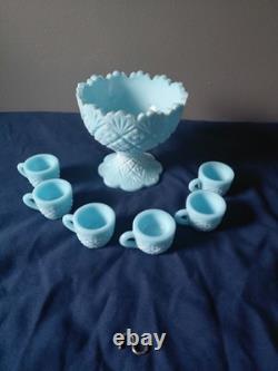 RARE Westmoreland Blue Milk Glass Mini Punch Bowl Set with Hooks & 6 Cups
