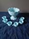 RARE Westmoreland Blue Milk Glass Mini Punch Bowl Set with Hooks & 6 Cups