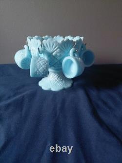 RARE Westmoreland Blue Milk Glass Mini Punch Bowl Set with Hooks & 6 Cups