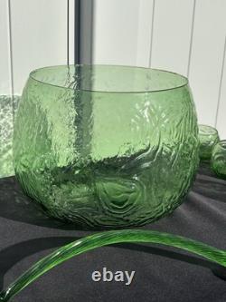 RETRO FUNKY MCM GREEN GLASS Punch Bowl Set 12 cups & 1 Bowl 1 LADEL HARD TO FI